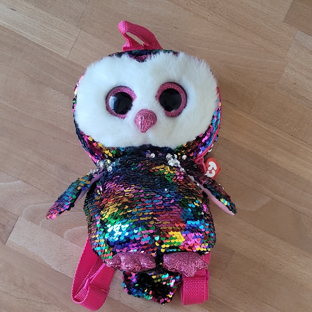 Sequin Owl Backpack with Pink Accents